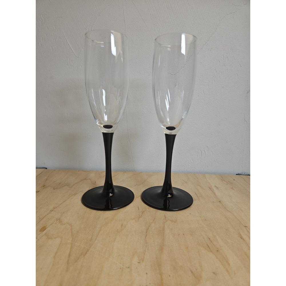 2 Vintage Domino Style Black Stem Champagne Flutes 8" Wine Glasses